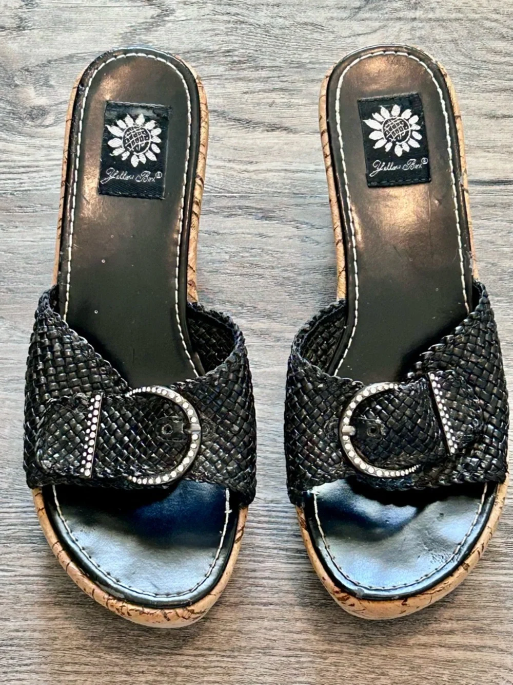 Yellow Box Women’s Black Woven Slide Sandals with Decorative Buckle Size 8.5